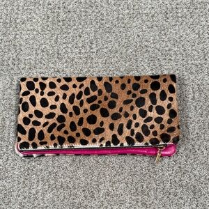 Leopard Print Fold-Over Clutch with Pink Trim